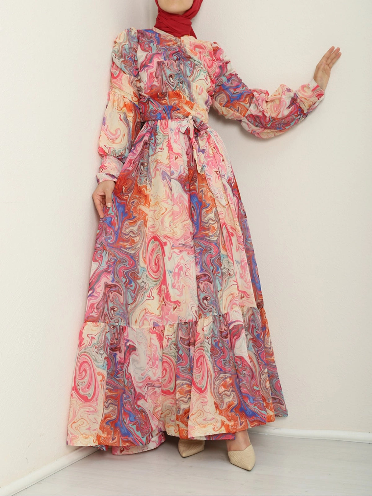 Robe Chic Rose à Manches Bouffantes & Taille Froncée