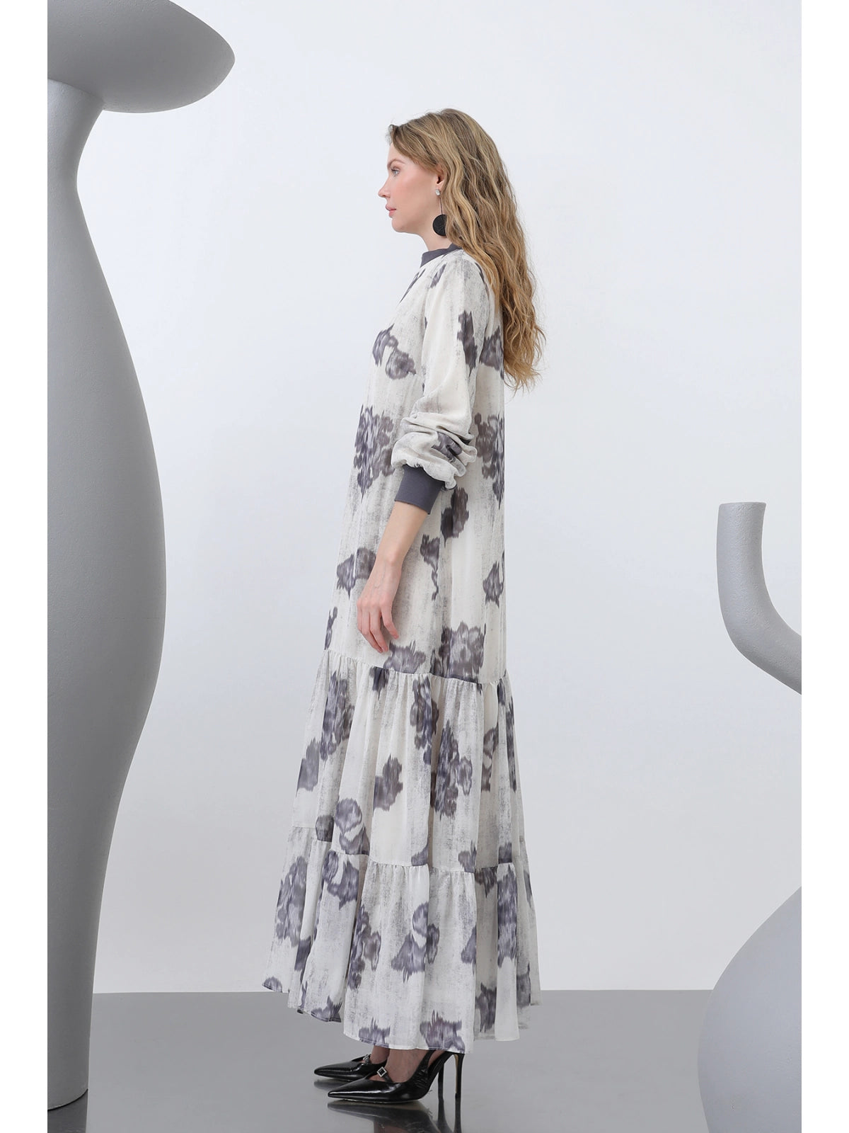 Robe Chiffon Fluide à Motifs et Col Côtelé