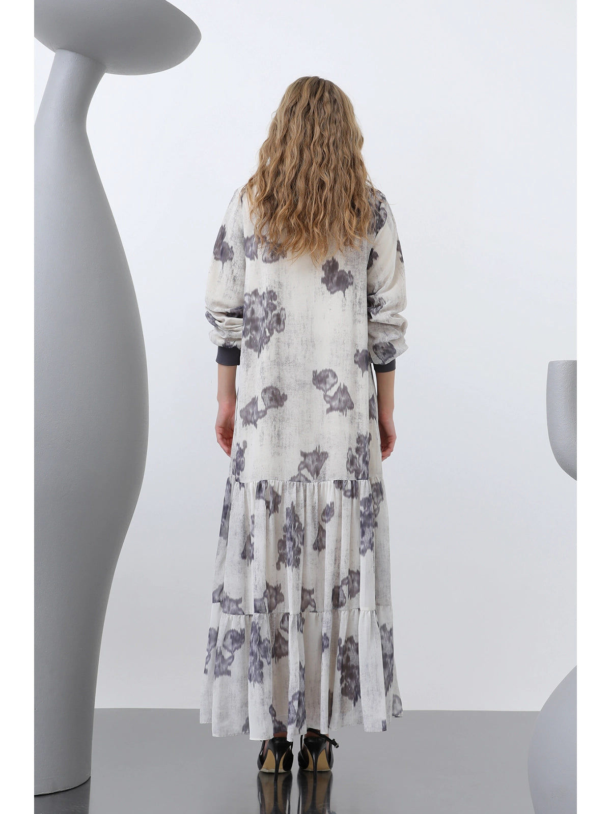 Robe Chiffon Fluide à Motifs et Col Côtelé