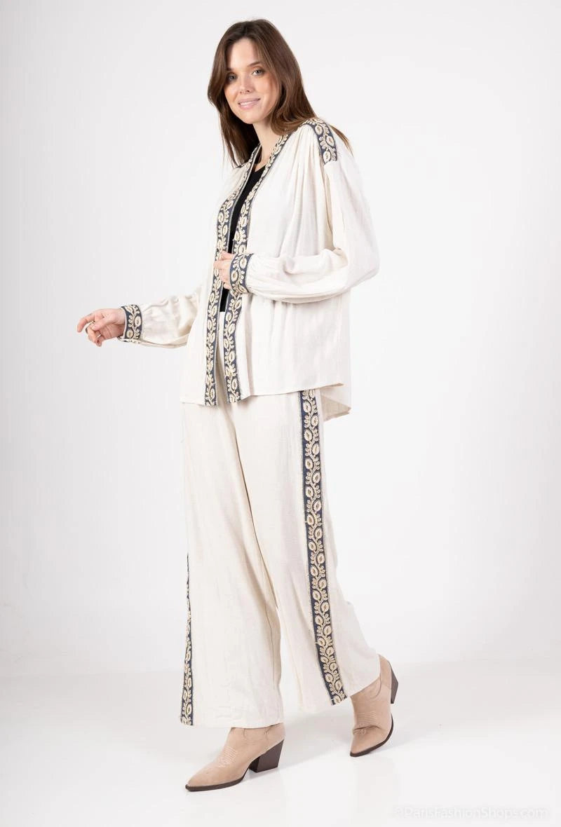 Ensemble Chic Lin Brodé - Gilet & Pantalon Fleuris