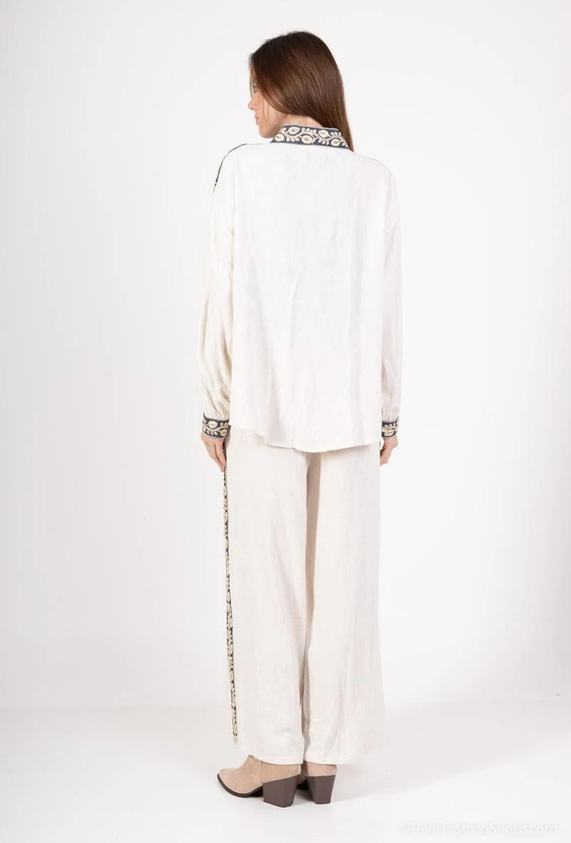 Ensemble Chic Lin Brodé - Gilet & Pantalon Fleuris