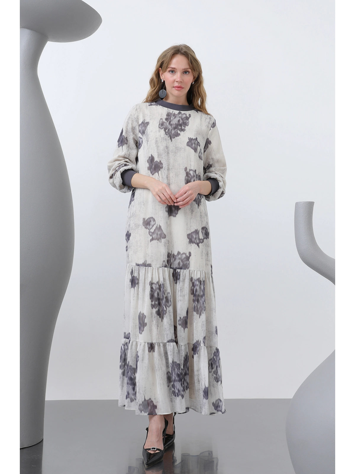 Robe Chiffon Fluide à Motifs et Col Côtelé
