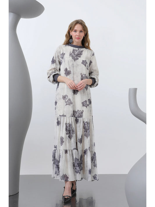 Robe Chiffon Fluide à Motifs et Col Côtelé