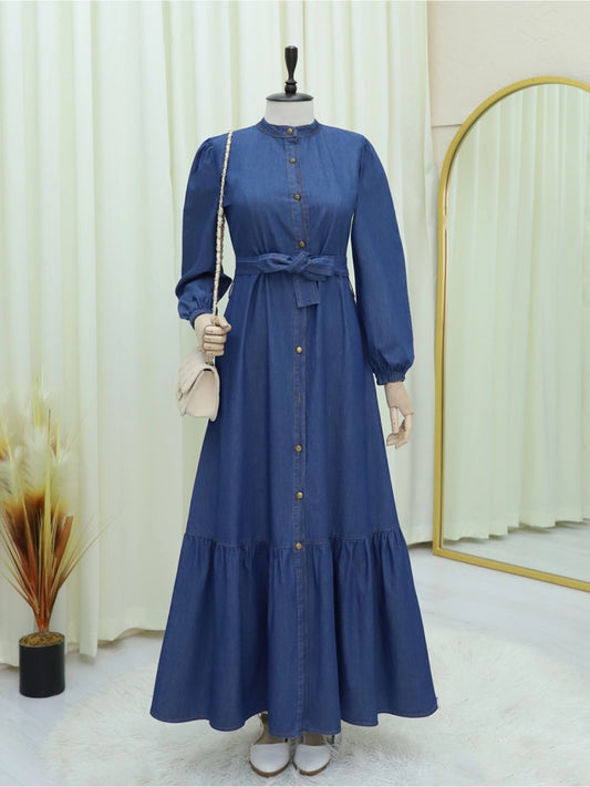 Robe Tendance en Jean Indigo – Coupe Volantée