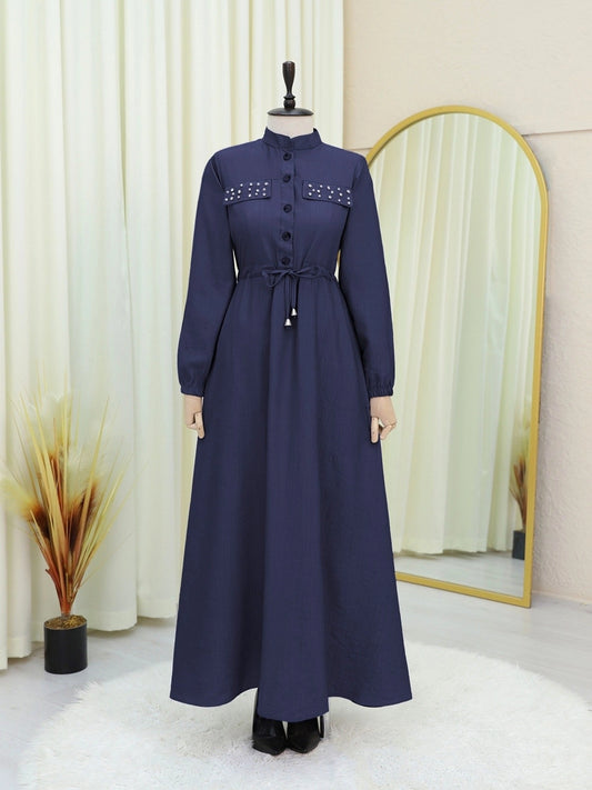 Robe « Poches Pierres & Taille Nouée »- bleu marine