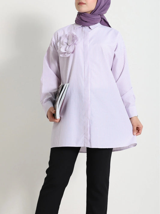 Chemise Rayée avec Broche et Boutons en Perle - rose