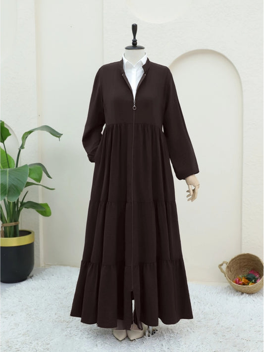 Abaya Fonctionnelle Ayrobin avec Zip et Manches Élastiquées-Café Foncé