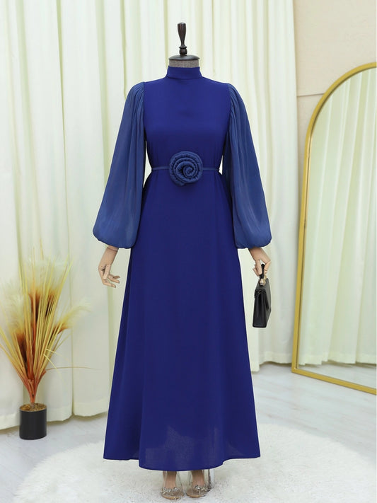 Robe Chic à Manches Bouffantes, poignets élastiqués et Ceinture -bleu marine