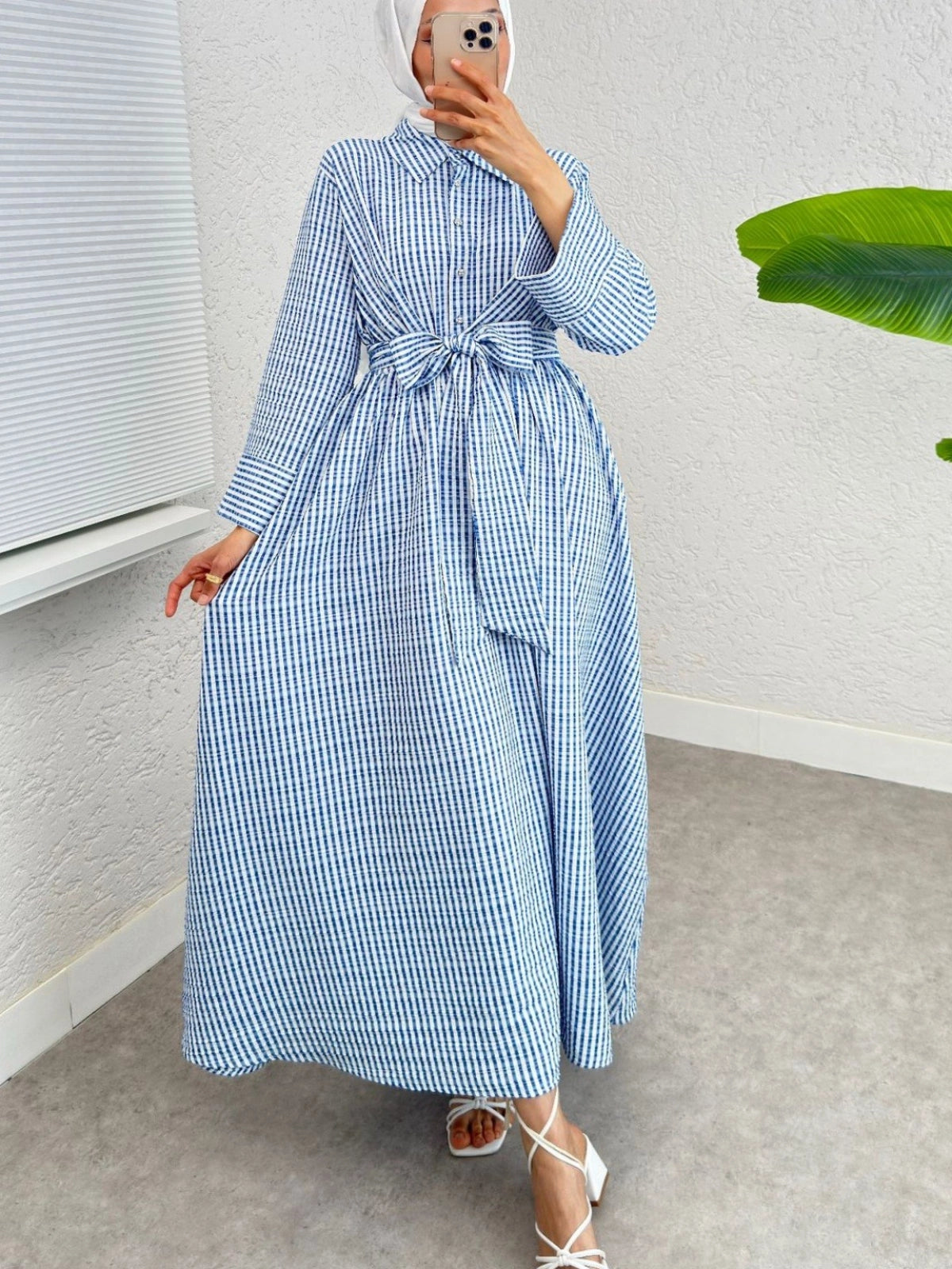 Robe Chemise à Rayures avec Ceinture-Bleu