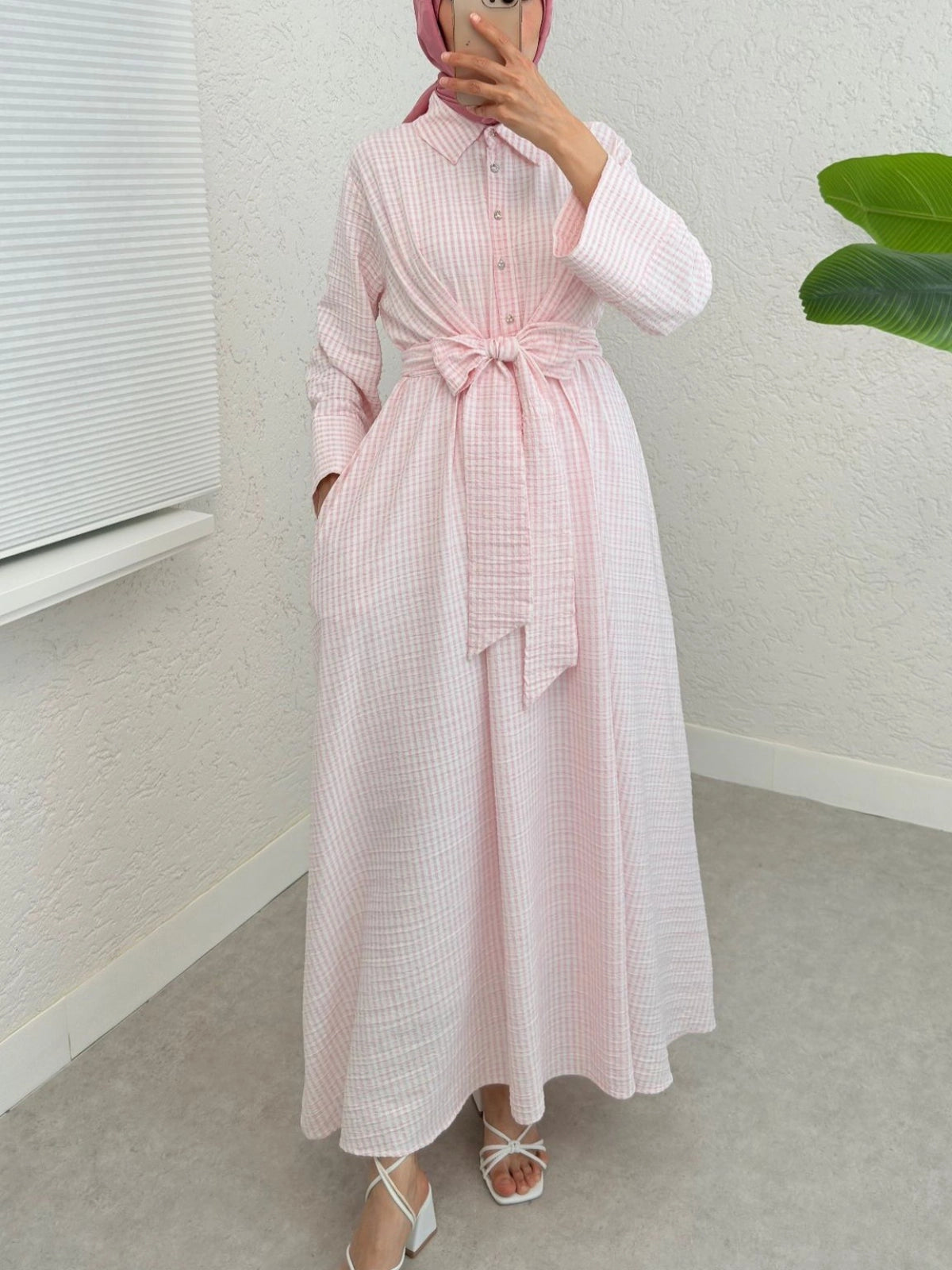 Robe Chemise à Rayures avec Ceinture-rose poudré