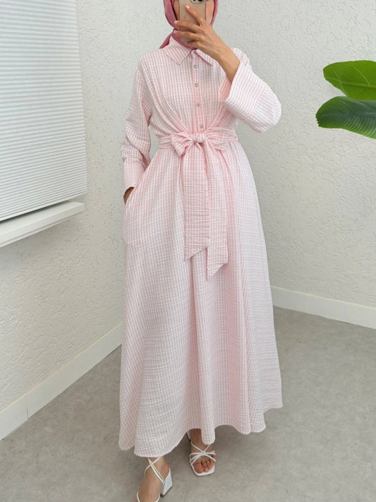 Robe Chemise à Rayures avec Ceinture-rose poudré