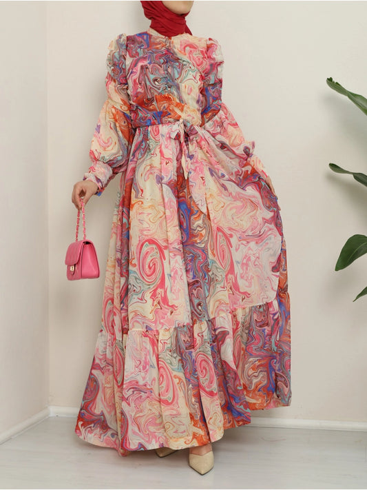 Robe Chic Rose à Manches Bouffantes & Taille Froncée