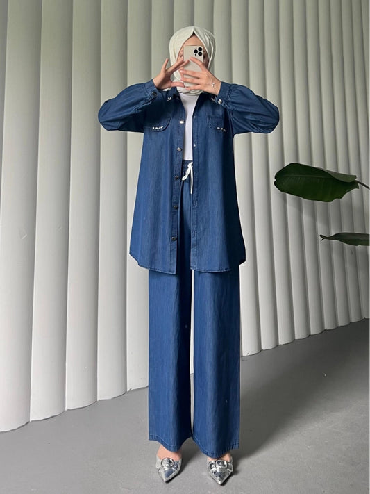 Ensemble Denim Indigo avec Pantalon Large à Poches Boutonnées