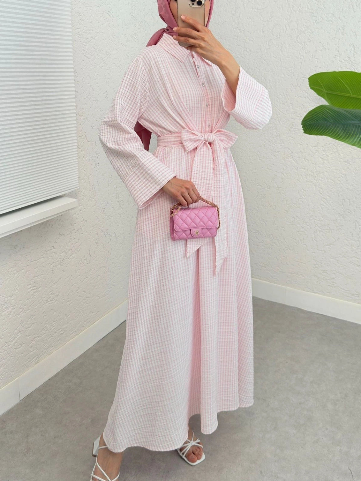 Robe Chemise à Rayures avec Ceinture-rose poudré