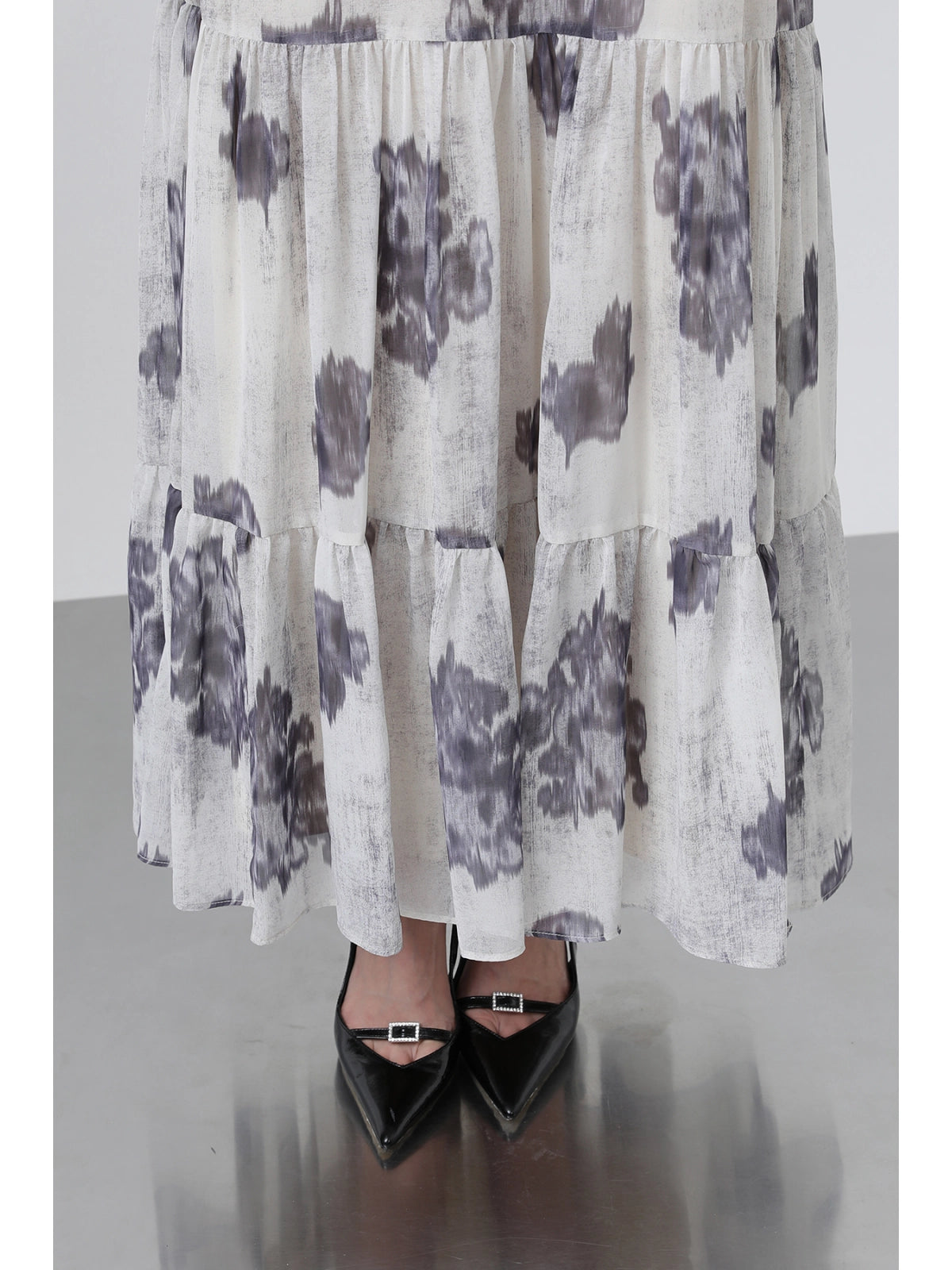 Robe Chiffon Fluide à Motifs et Col Côtelé