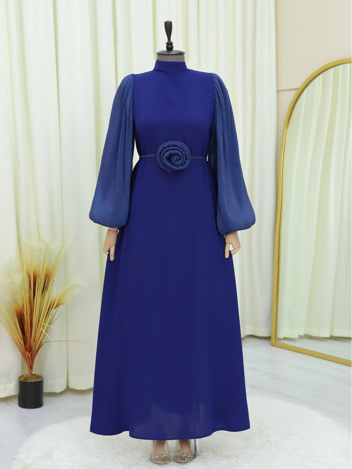 Robe Chic à Manches Bouffantes, poignets élastiqués et Ceinture -bleu marine
