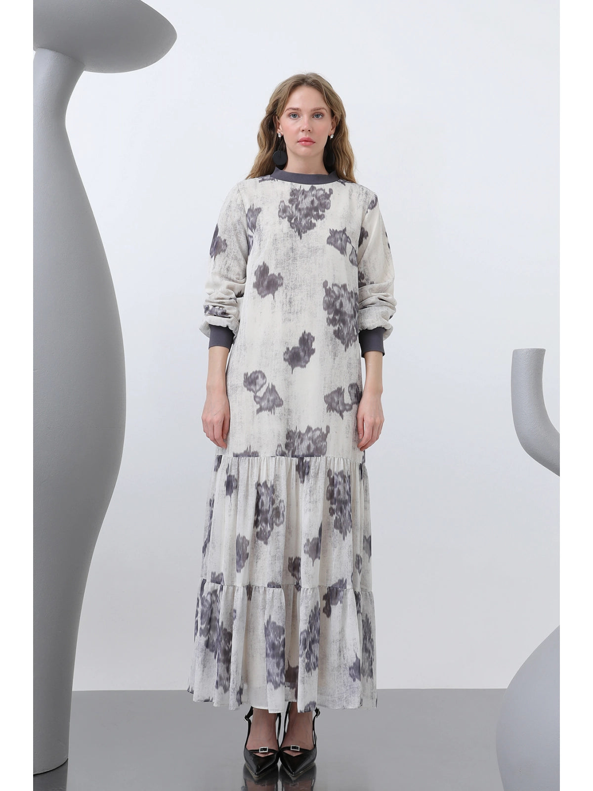 Robe Chiffon Fluide à Motifs et Col Côtelé
