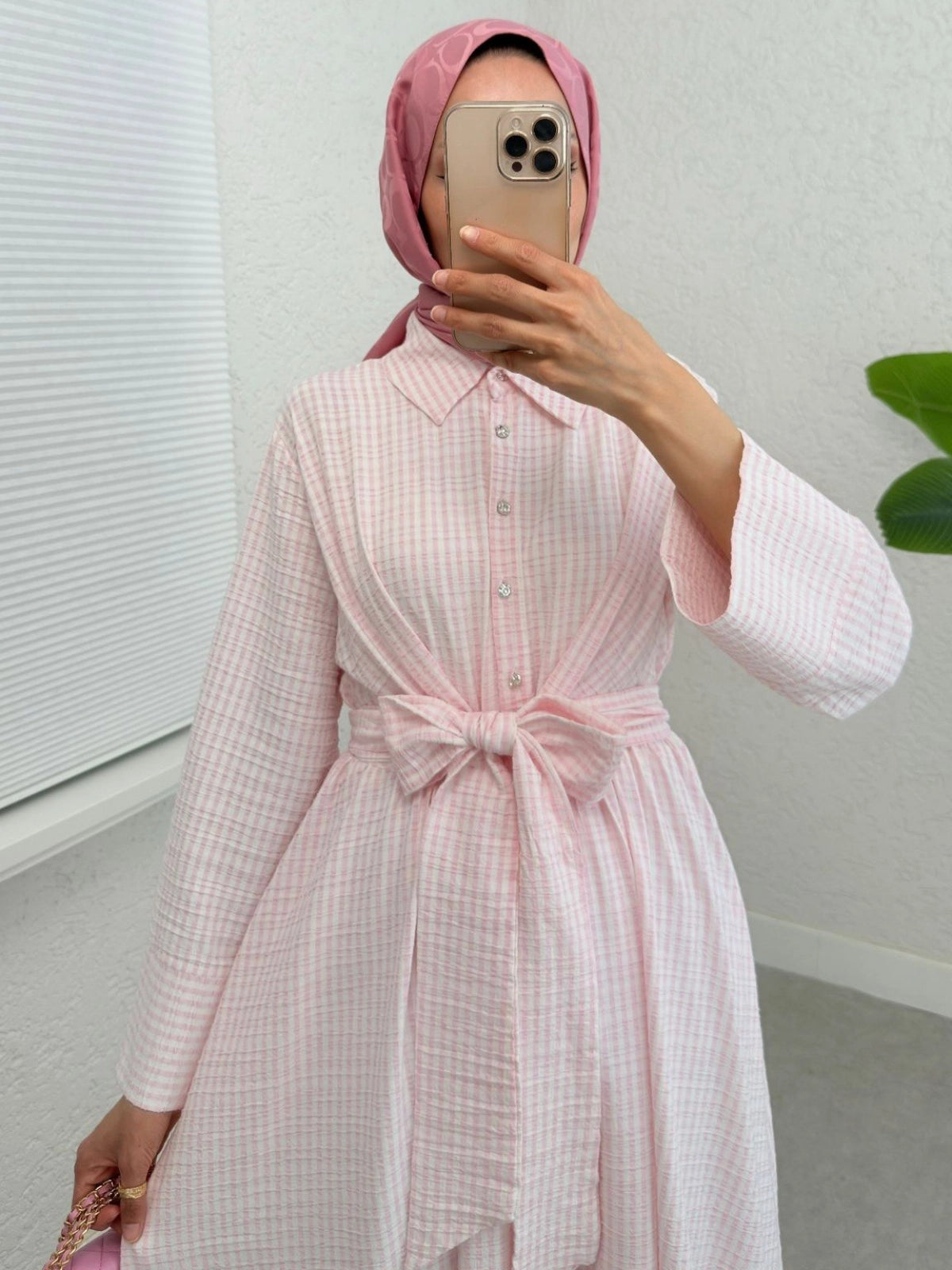 Robe Chemise à Rayures avec Ceinture-rose poudré