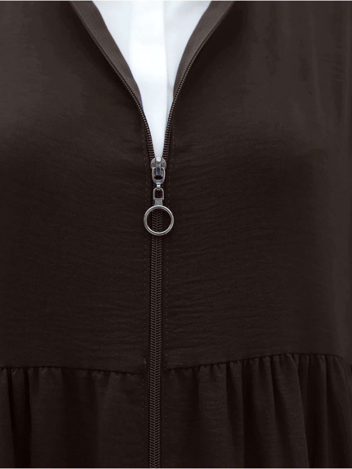 Abaya Fonctionnelle Ayrobin avec Zip et Manches Élastiquées-Café Foncé