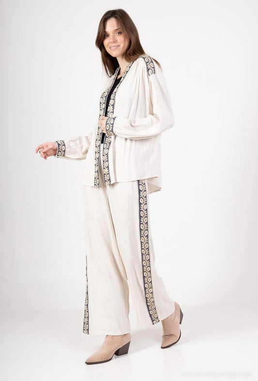 Ensemble Chic Lin Brodé - Gilet & Pantalon Fleuris